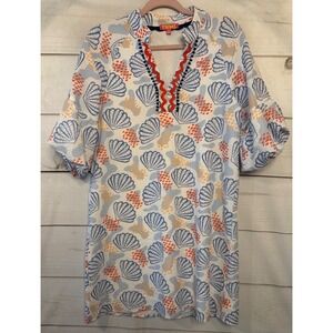 THML Women's Size S‎ Seashell Print V Neck Bell Sleeve Tunic Dress